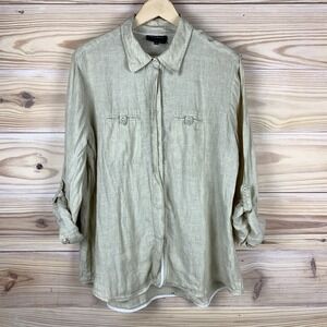 Foxcroft Linen Shirt Womens 16 Biege Shaped Fit Roll Tab Safari